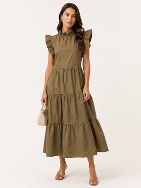 CHEPE Ansaldo Italy Cotton Tiered Ruffle Maxi Dress Olive Green XS